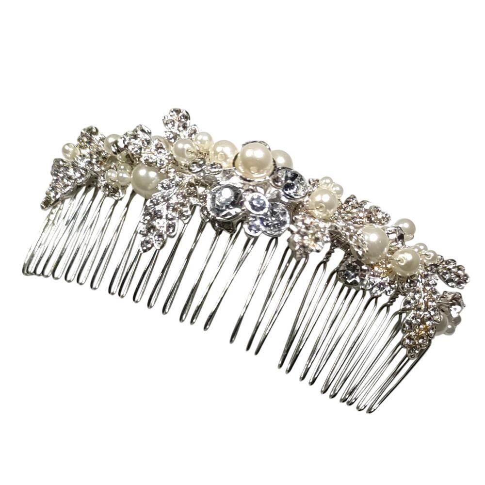 Hair Comb Silver Tone Faux Pearl Beads Rhinestone Floral...